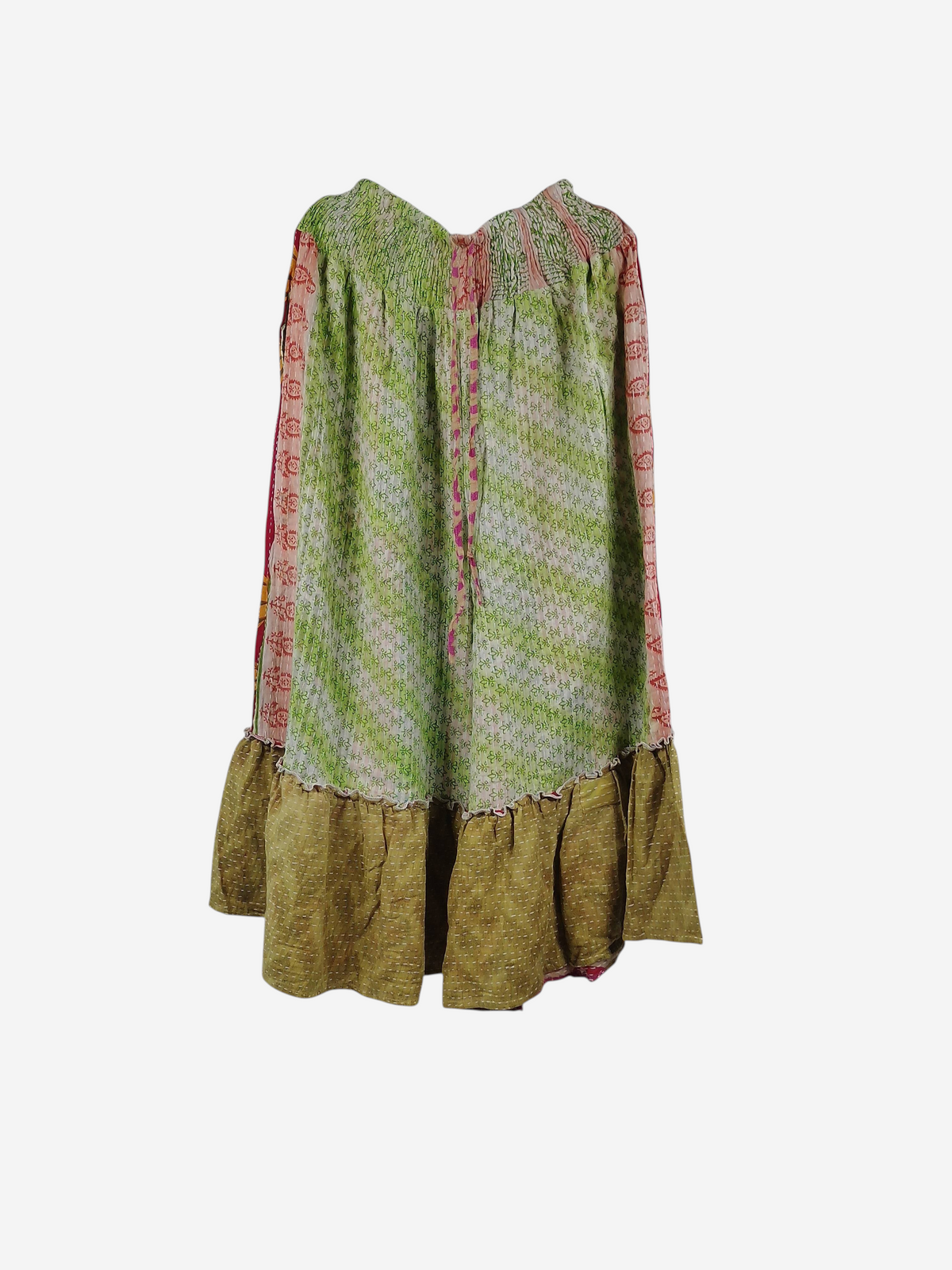 She Lives Beauty Anything for Selenas pants in vintage kantha cotton with green patterns and a mustard ruffle hem.
