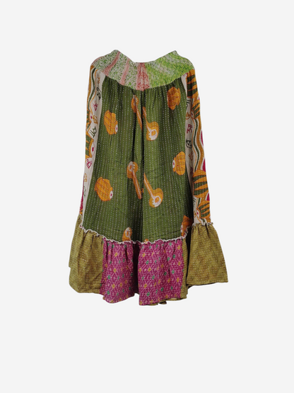 She Lives Beauty Anything for Selenas pants in green vintage Kantha cotton with a ruffled hem and unique sari prints.