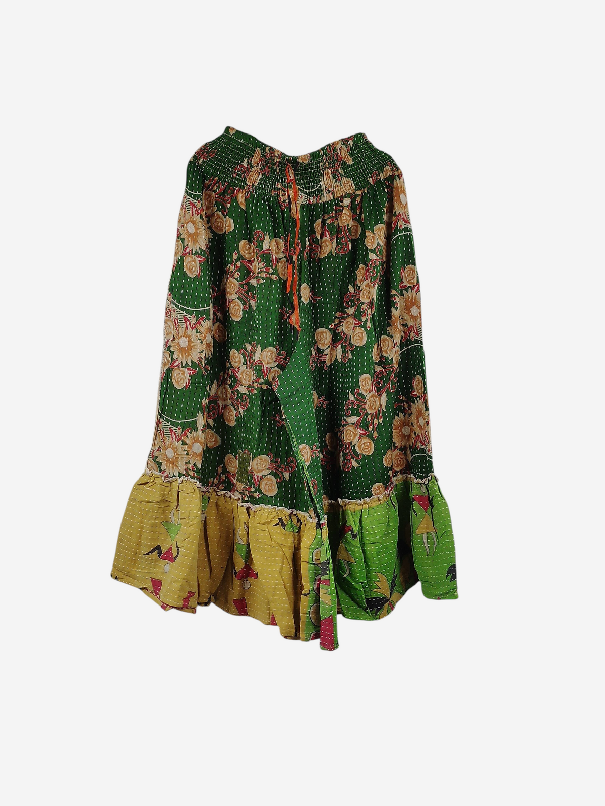 She Lives Beauty Anything for Selenas pants in green vintage Kantha cotton with floral print and yellow ruffle hem