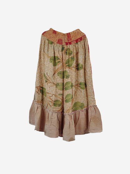 She Lives Beauty Anything for Selenas pants in vintage kantha cotton with green leaf print and oversized ruffle hem.