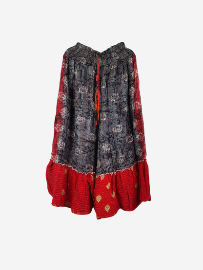 She Lives Beauty Anything for Selenas Pants in grey and red vintage Kantha cotton with a ruffled hem.
