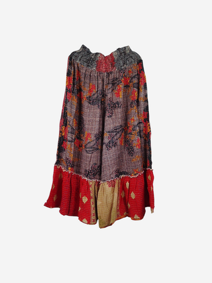 She Lives Beauty Anything for Selenas Pants in vintage kantha cotton with a floral print and oversized ruffle hem.