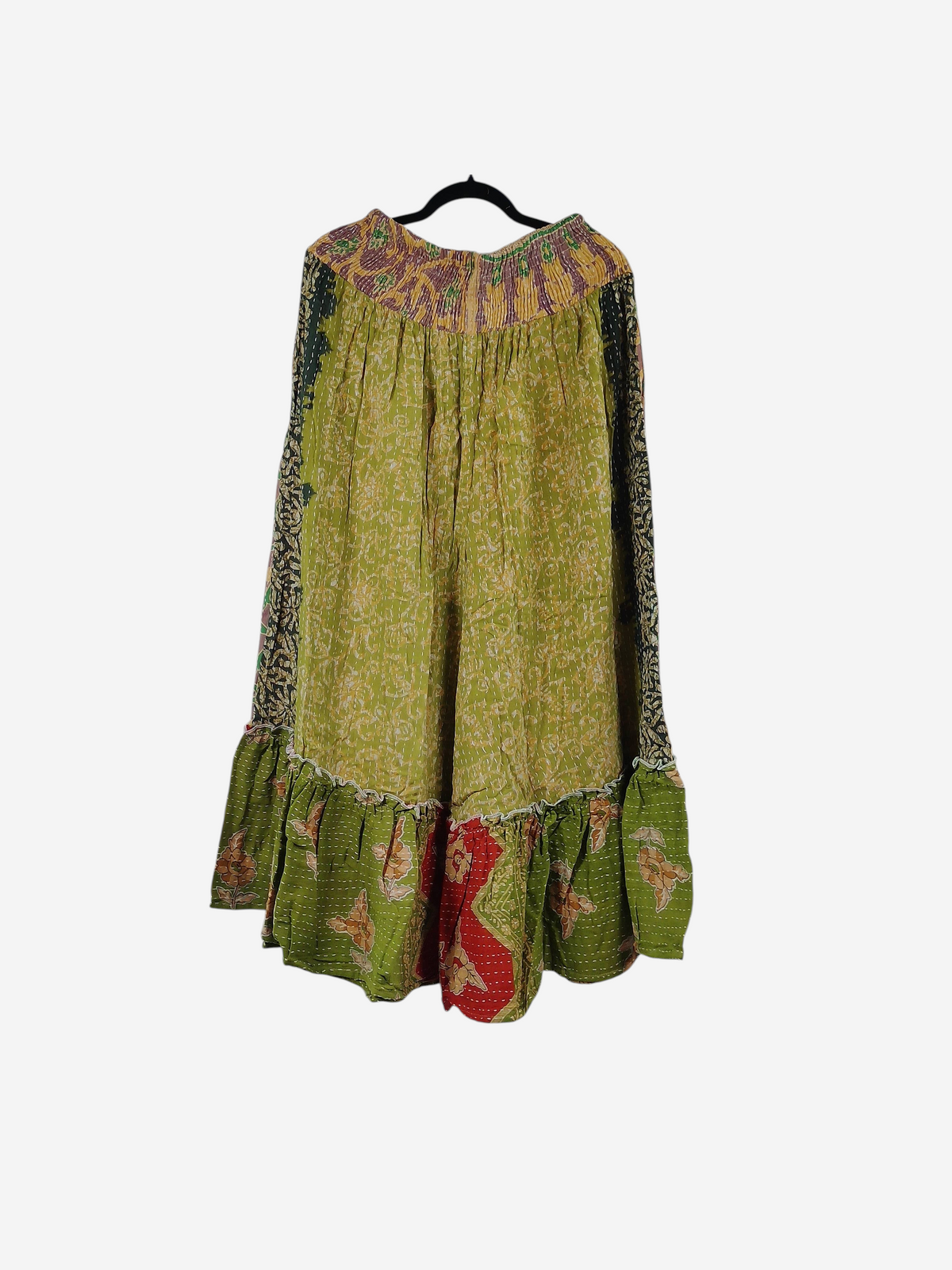 She Lives Beauty Anything for Selenas pants in green vintage kantha cotton with a ruffled hem and elastic waistband.