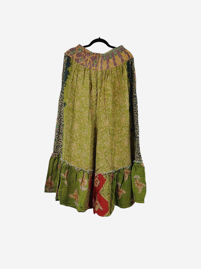 She Lives Beauty Anything for Selenas pants in green vintage kantha cotton with a ruffled hem and elastic waistband.