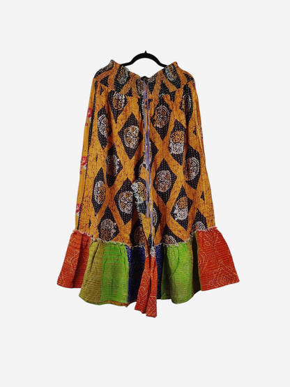 She Lives Beauty Anything for Selenas pants in vintage kantha cotton with yellow diamond print and colorful ruffle hem