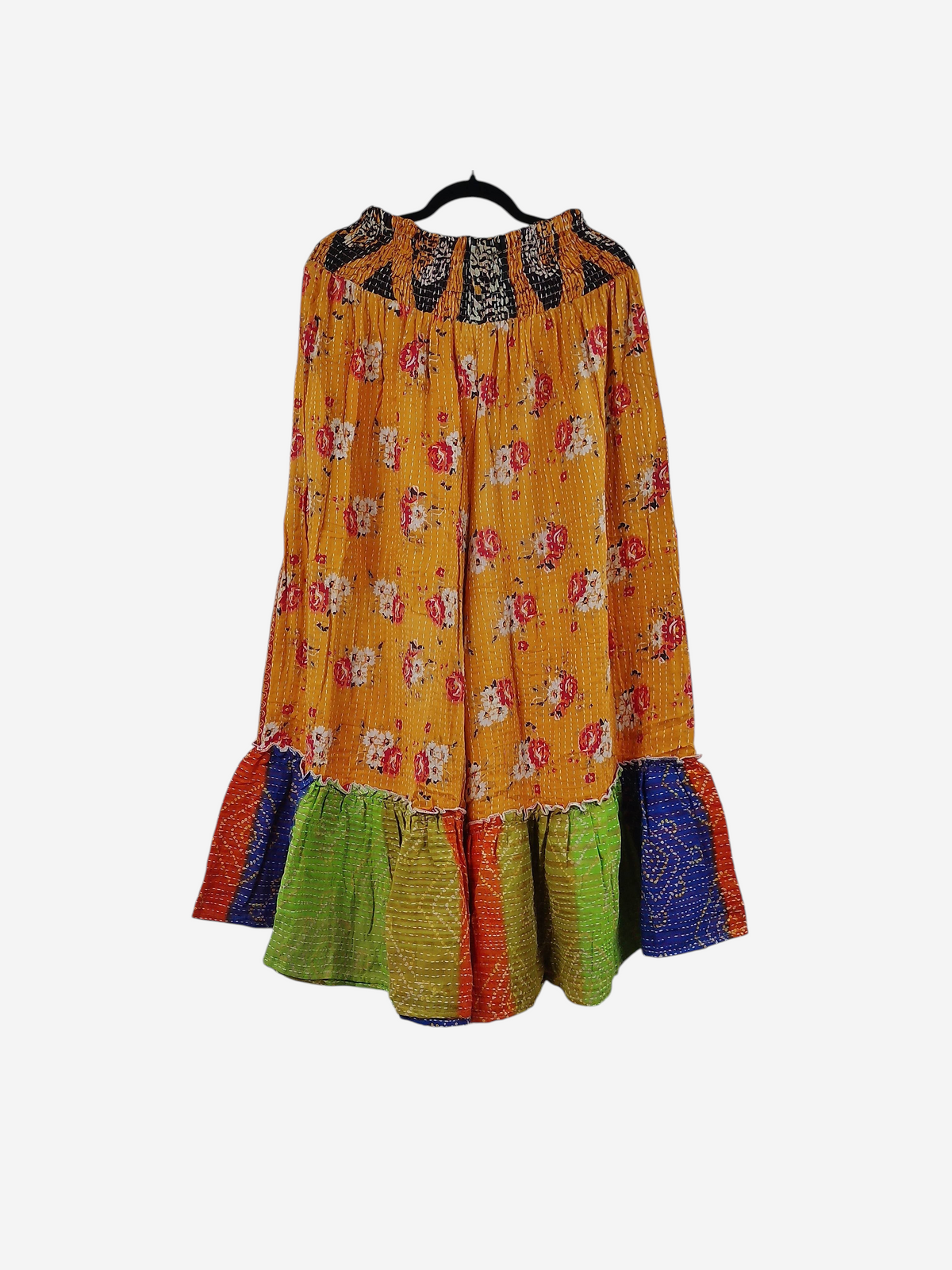 She Lives Beauty Anything for Selenas Pants in yellow floral vintage kantha cotton with a multi-colored ruffle hem.