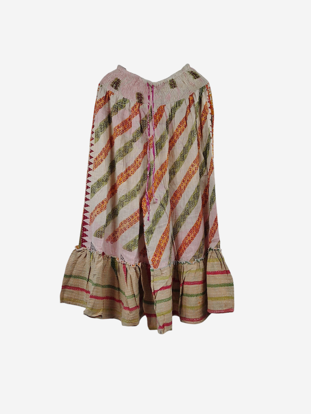 She Lives Beauty Anything for Selenas pants in vintage kantha cotton with diagonal stripes and a ruffled hem.