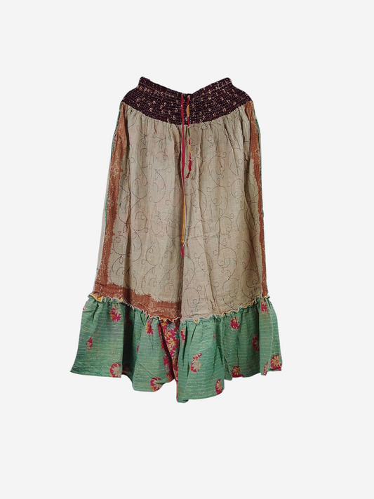 She Lives Beauty Anything for Selenas pants made from vintage kantha cotton with a ruffle hem and elastic waistband.