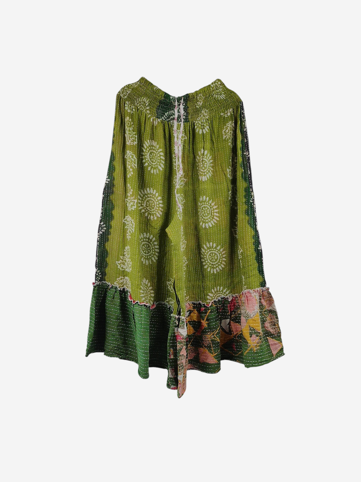 She Lives Beauty Anything for Selenas pants in green vintage kantha cotton with a floral ruffle hem and elastic waist