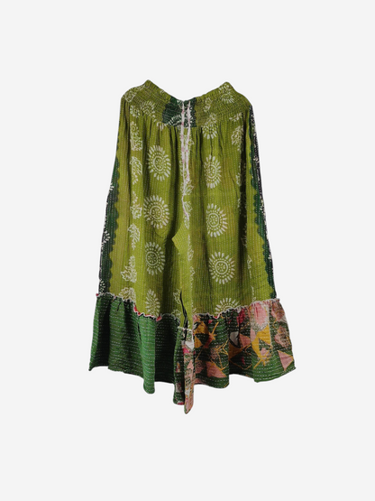She Lives Beauty Anything for Selenas pants in green vintage kantha cotton with a floral ruffle hem and elastic waist