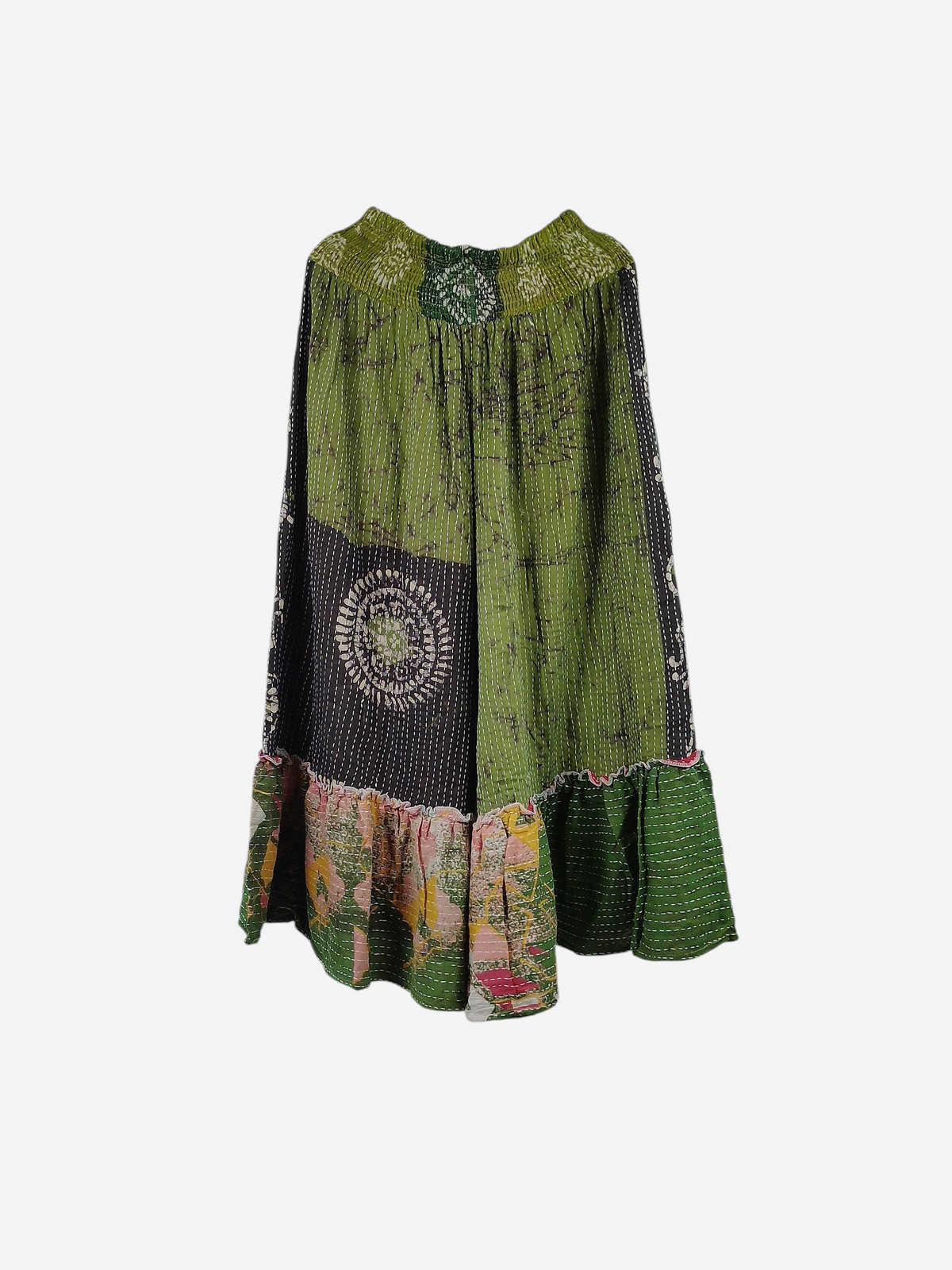 She Lives Beauty Anything for Selenas pants in green vintage Kantha cotton with a ruffled hem and elastic waistband.