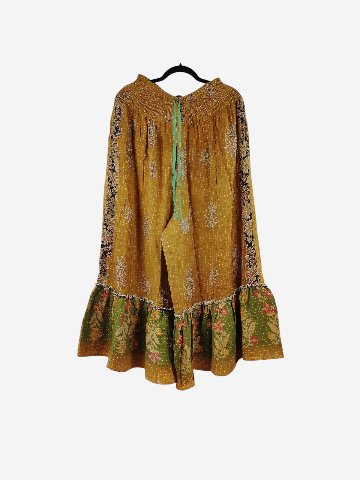 She Lives Beauty Anything for Selenas Pants in mustard yellow vintage kantha cotton with a green floral ruffle hem.