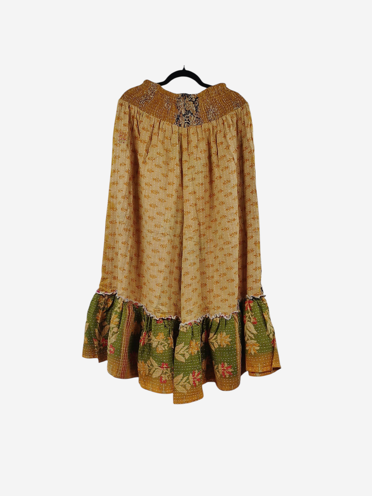 She Lives Beauty Anything for Selenas Pants in yellow and green vintage kantha cotton with a ruffled hem.