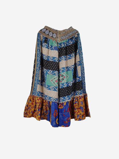 She Lives Beauty Anything for Selenas pants in vintage Kantha cotton with blue, black, and yellow patchwork patterns.