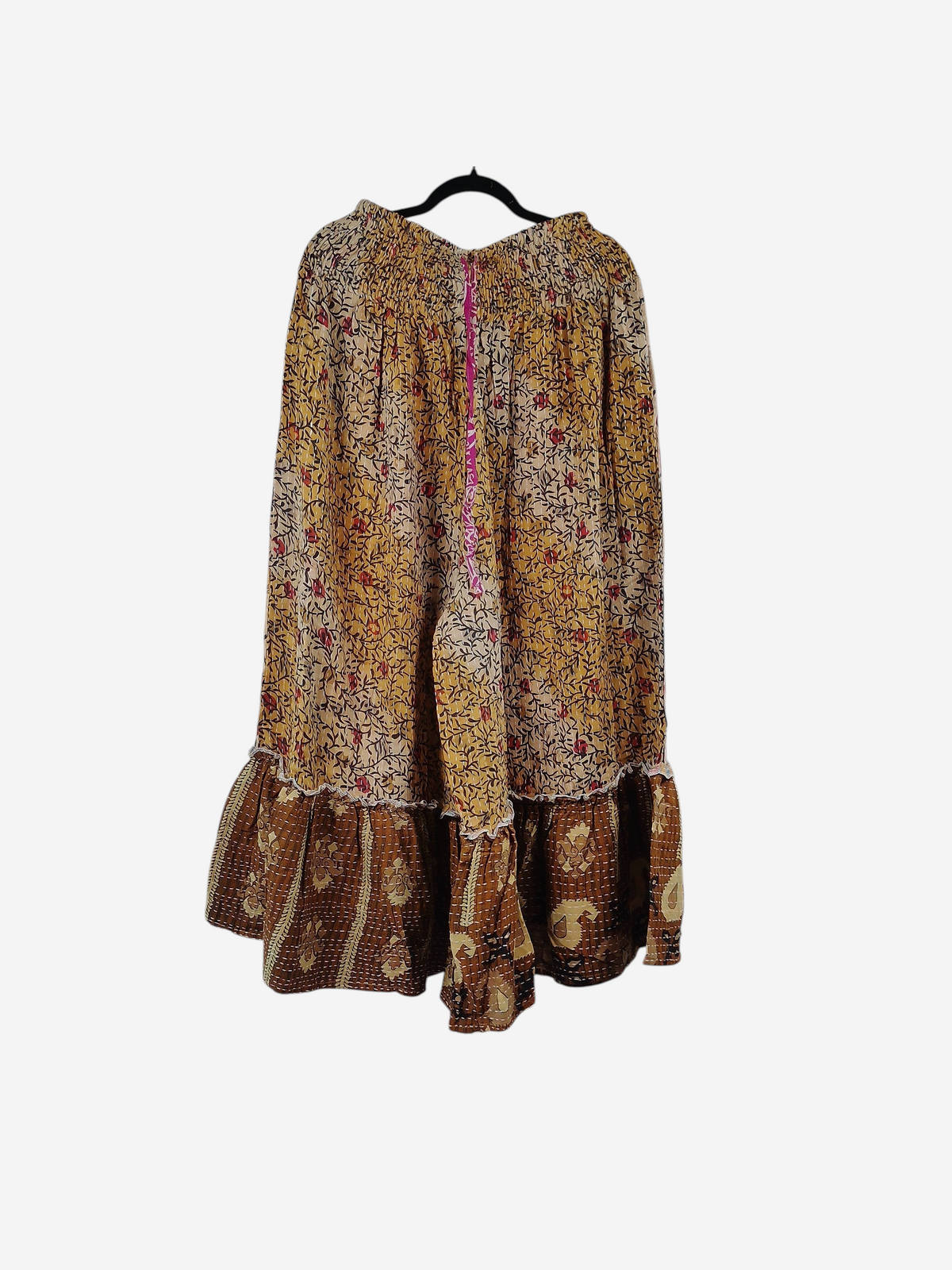 She Lives Beauty Anything for Selenas Pants in vintage kantha cotton with a brown floral print and ruffled hem.