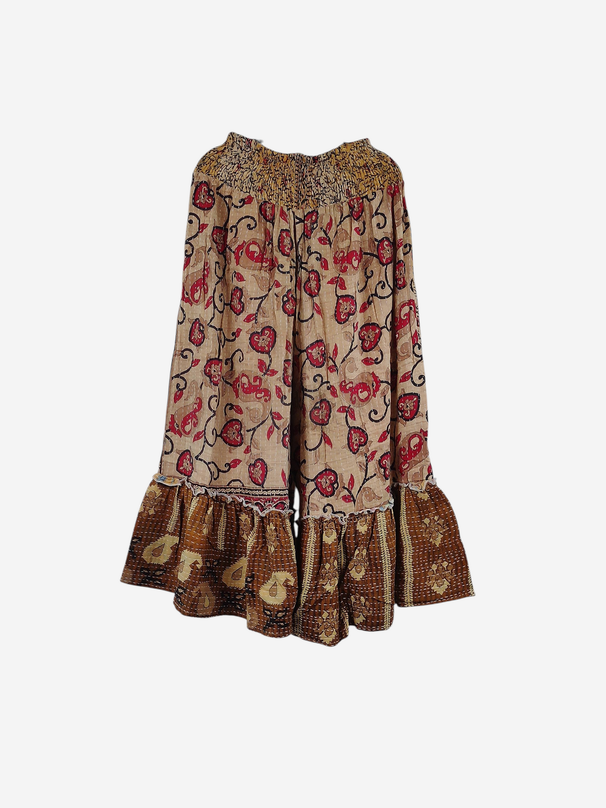 She Lives Beauty Anything for Selenas Pants in vintage kantha cotton with floral print and oversized ruffle hem