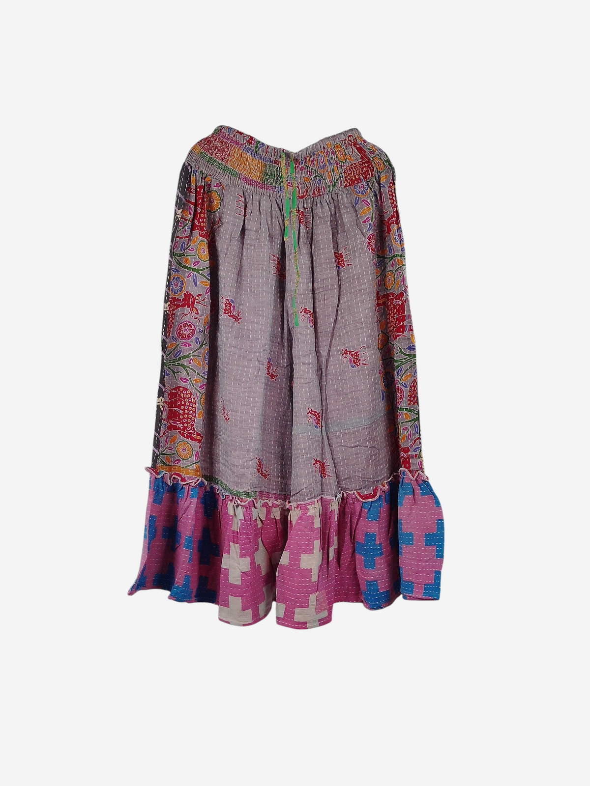 She Lives Beauty Anything for Selenas pants made from vintage kantha cotton saris with a ruffle hem and elastic waist.