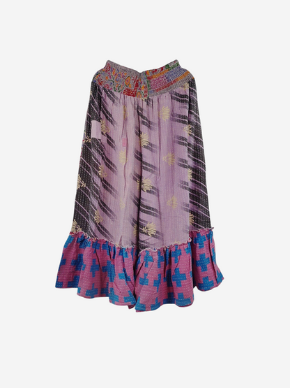 She Lives Beauty Anything for Selenas pants in vintage kantha cotton with a purple floral print and blue ruffle hem.