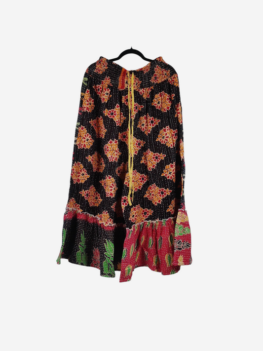 She Lives Beauty Anything for Selenas pants in vintage kantha cotton with floral print and oversized ruffle hem.
