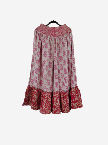 She Lives Beauty Anything for Selenas pants in pink and red vintage kantha cotton with a dramatic ruffled hem.