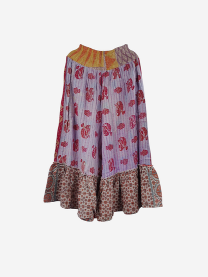 She Lives Beauty Anything for Selenas pants in vintage kantha cotton with purple, pink, and orange floral patterns.