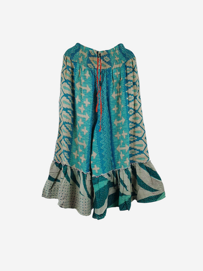 She Lives Beauty Anything for Selenas pants in blue and cream vintage kantha cotton with a ruffled hem.