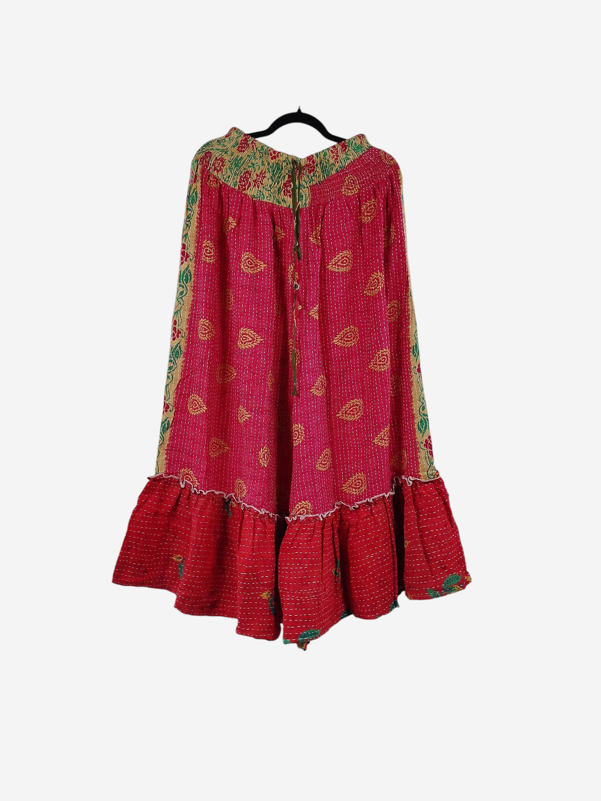 She Lives Beauty Anything for Selenas vintage kantha cotton pants in pink with a ruffled hem and floral patterns.