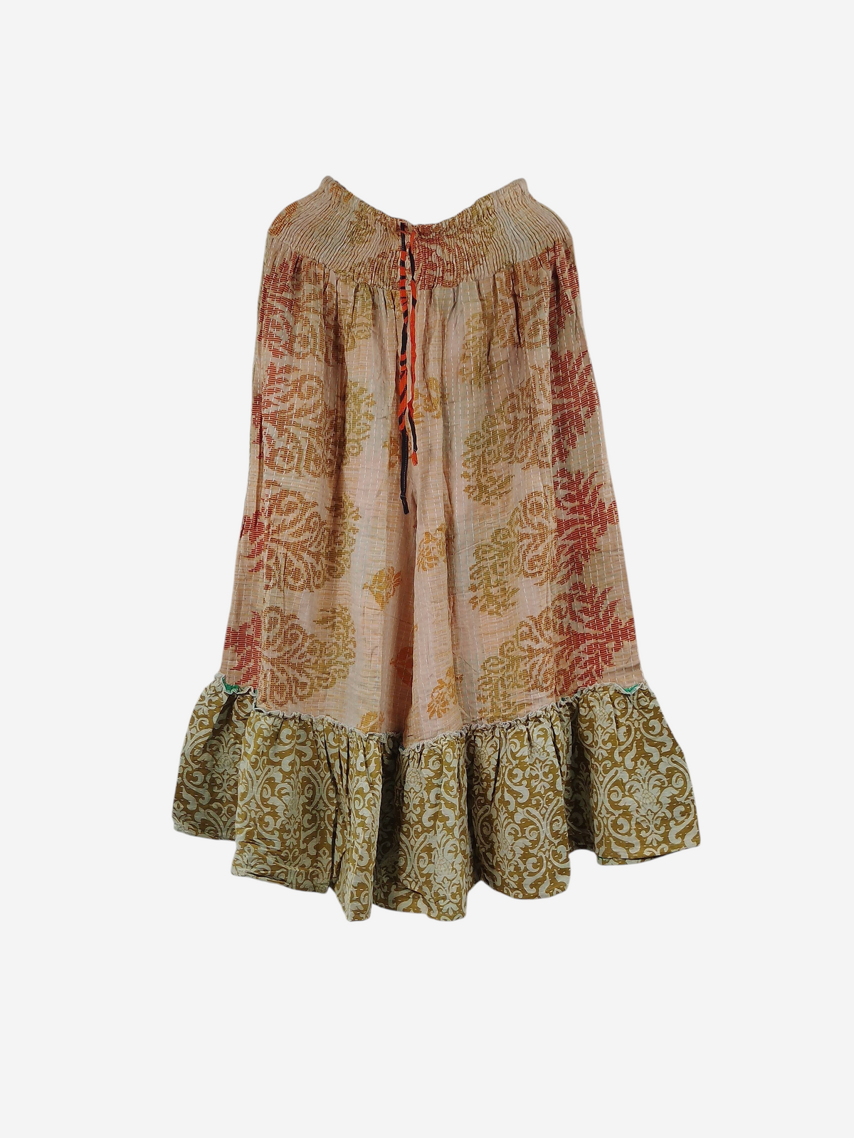 She Lives Beauty Anything for Selenas pants in vintage kantha cotton with floral prints and an oversized ruffle hem.