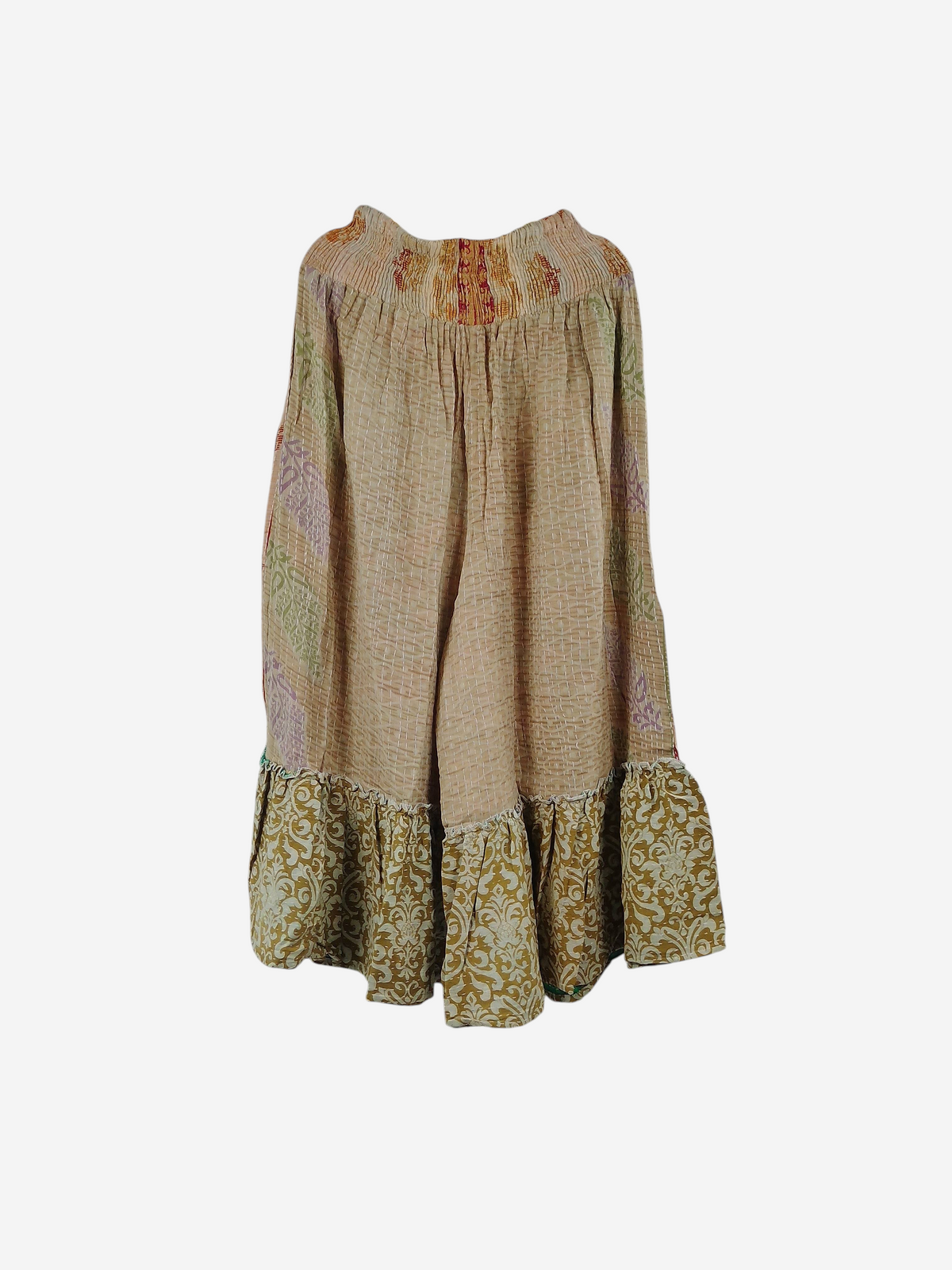 She Lives Beauty Anything for Selenas pants in beige vintage kantha cotton with a statement ruffle hem