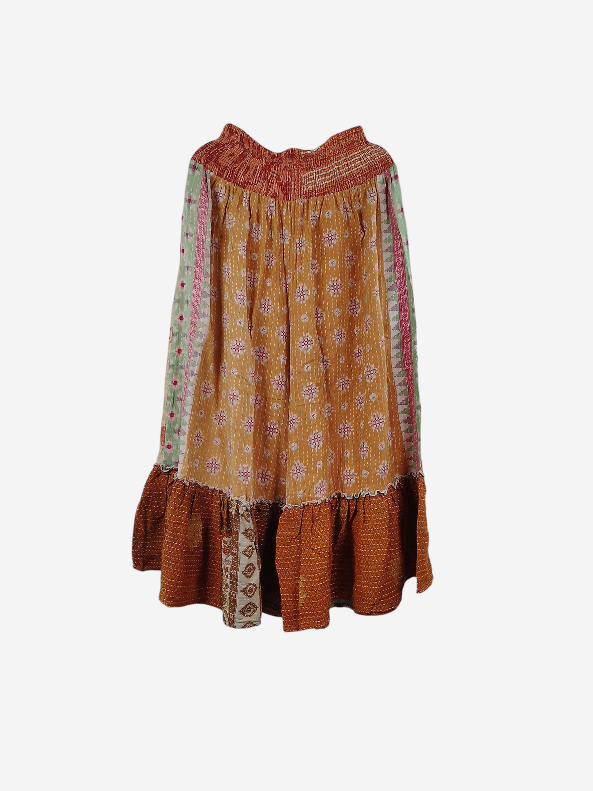 She Lives Beauty Anything for Selenas Pants in orange vintage kantha cotton with a ruffled hem and elastic waist.