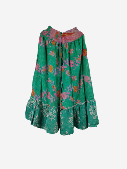 She Lives Beauty Anything for Selenas pants in green vintage kantha cotton with floral prints and a ruffled hem.