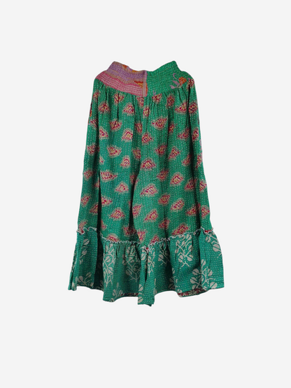 She Lives Beauty Anything for Selenas pants in green vintage kantha cotton with a ruffled hem and elastic waistband.