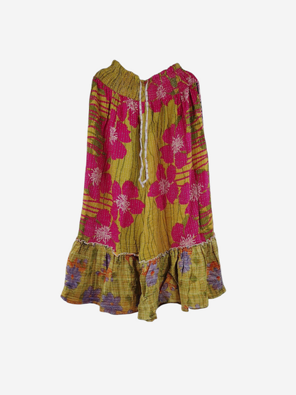 She Lives Beauty Anything for Selenas pants in vintage kantha cotton with pink floral print and ruffled hem