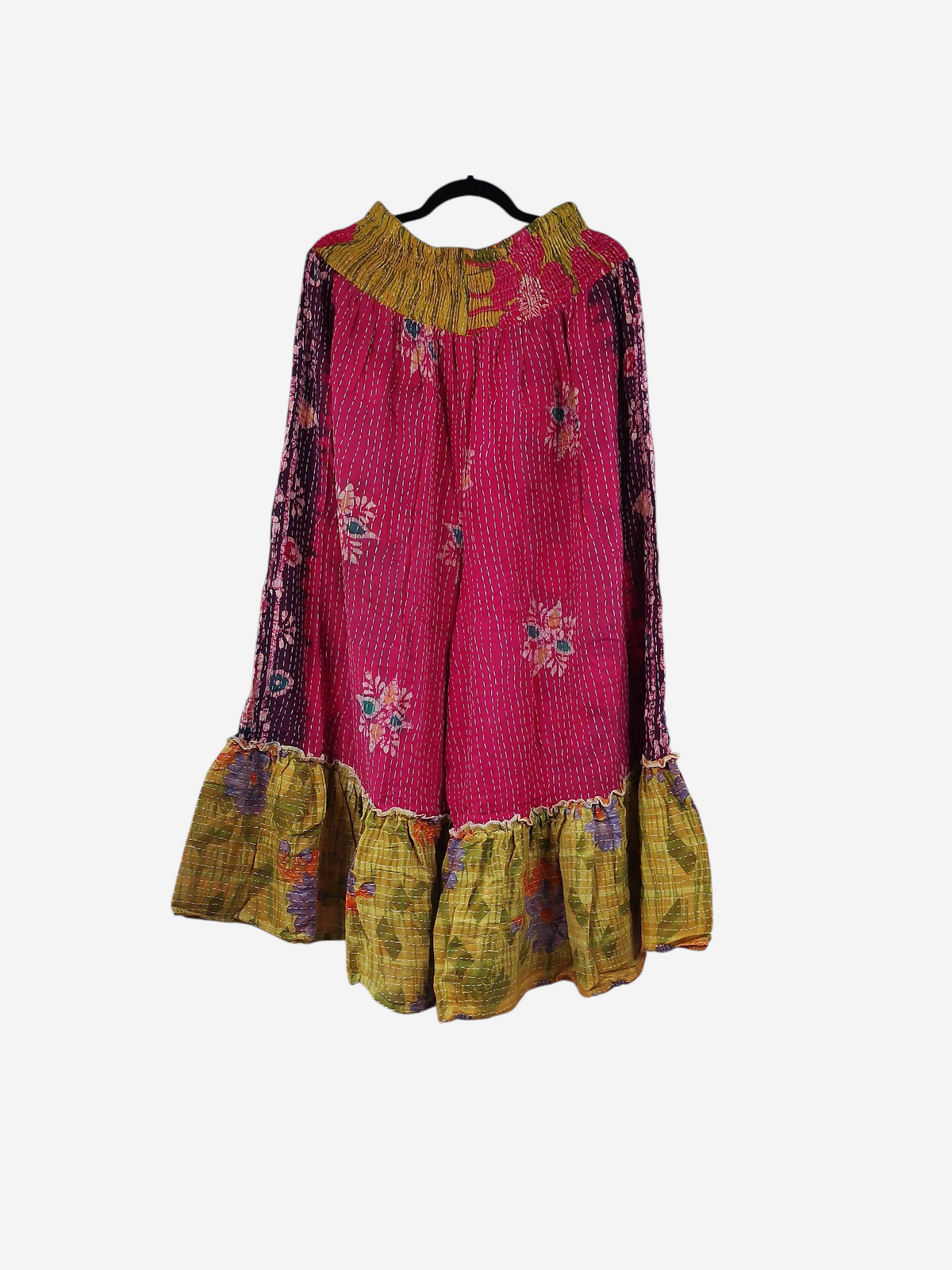 She Lives Beauty Anything for Selenas pants in pink and yellow vintage kantha cotton with a ruffled hem.