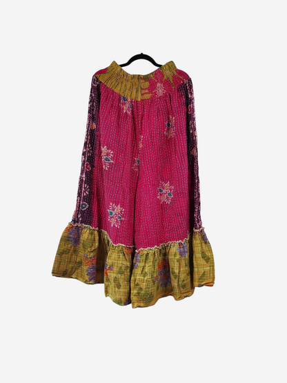 She Lives Beauty Anything for Selenas pants in pink and yellow vintage kantha cotton with a ruffled hem.