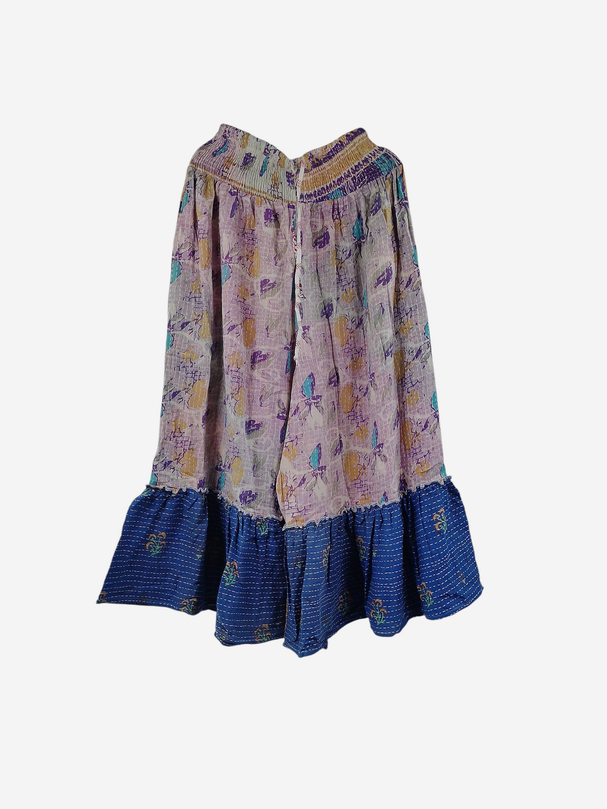 She Lives Beauty Anything for Selenas pants in vintage kantha cotton with a floral print and blue ruffle hem.