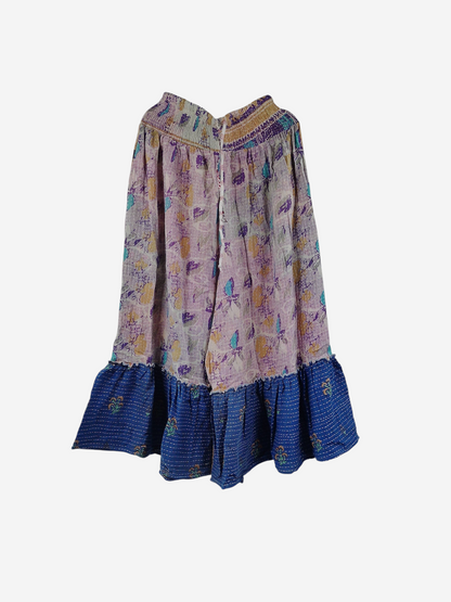 She Lives Beauty Anything for Selenas pants in vintage kantha cotton with a floral print and blue ruffle hem.