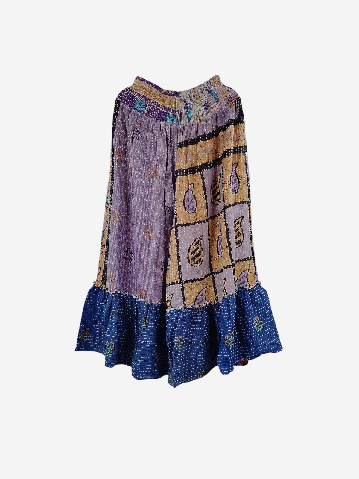 She Lives Beauty Anything for Selenas pants made from vintage kantha cotton with a blue ruffle hem and patchwork print