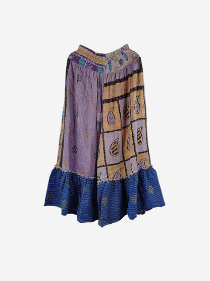 She Lives Beauty Anything for Selenas pants made from vintage kantha cotton with a blue ruffle hem and patchwork print