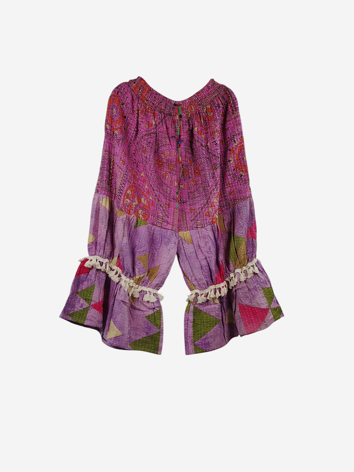 She Lives Beauty Heritage Whisper Kantha bloomers in pink vintage cotton sari fabric with tassel trim and boho print