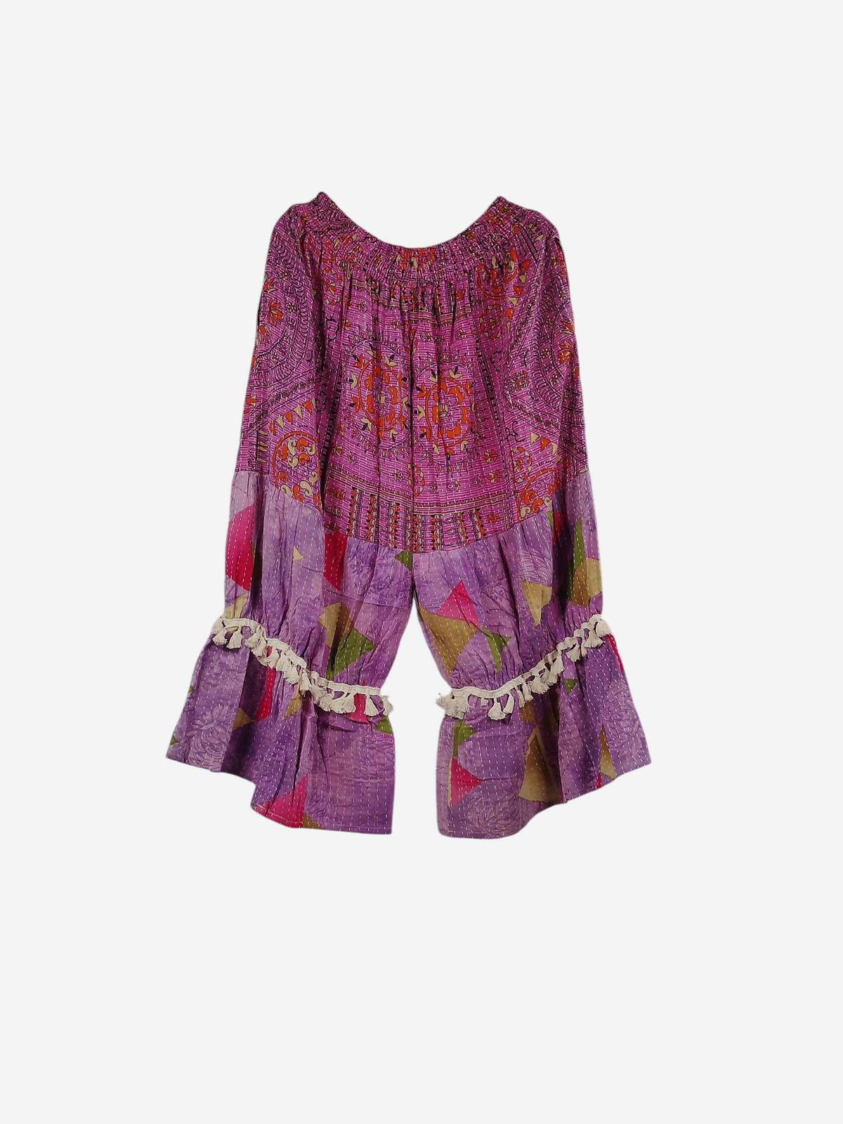 She Lives Beauty Heritage Whisper Kantha bloomers in pink vintage cotton sari fabric with tassel trim and boho print.