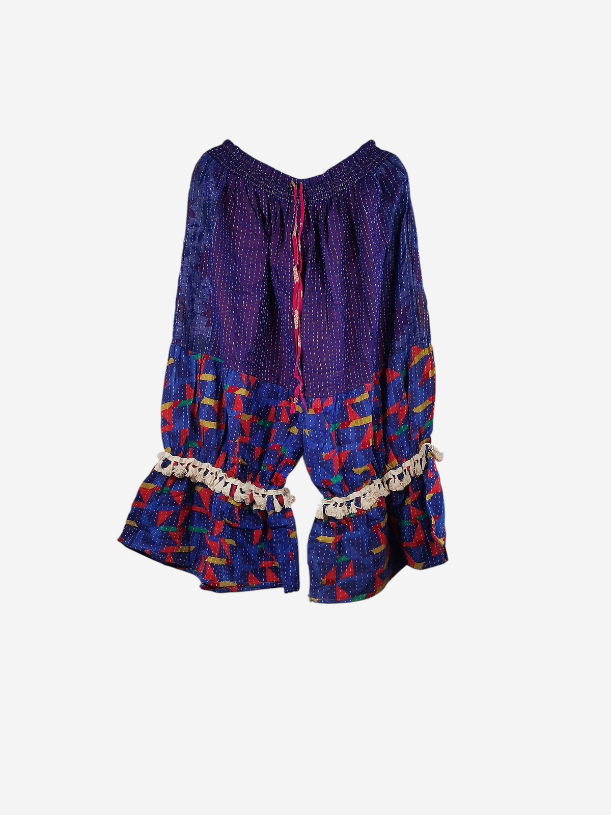 She Lives Beauty Heritage Whisper Kantha bloomers in purple vintage cotton with colorful geometric sari patterns.