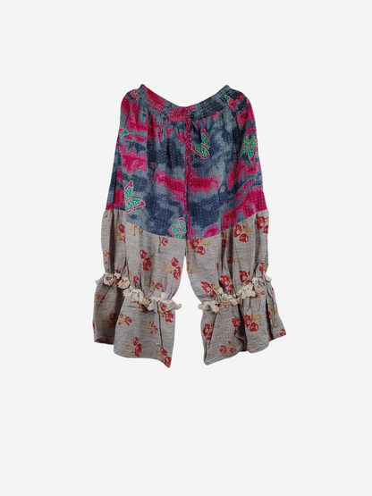 She Lives Beauty Heritage Whisper Kantha bloomers in pink and grey vintage cotton sari fabric with floral patterns