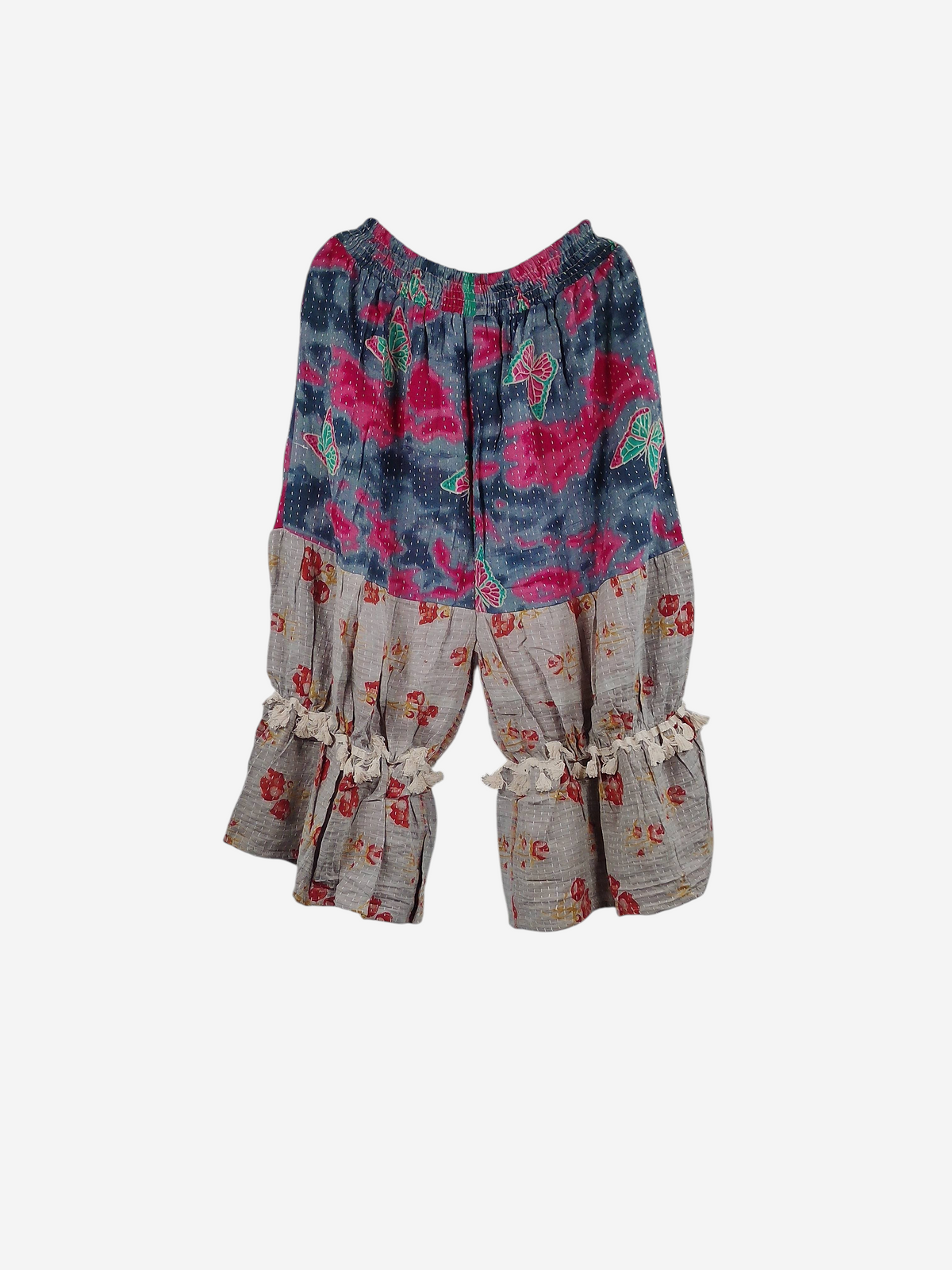 She Lives Beauty Heritage Whisper Kantha bloomers in vintage cotton with pink and grey floral patchwork and lace trim