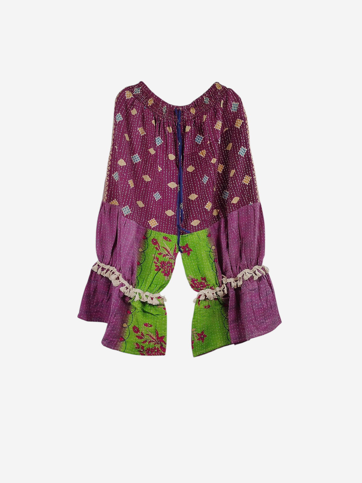 She Lives Beauty Heritage Whisper Kantha bloomers in purple and green vintage cotton sari fabric with ruffled trim.