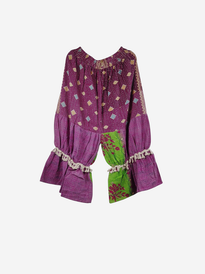 She Lives Beauty Heritage Whisper Kantha bloomers in purple and green vintage cotton sari fabric with tassel trim