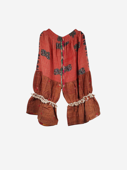 She Lives Beauty Heritage Whisper Kantha bloomers in orange vintage cotton sari fabric with tassel trim details.