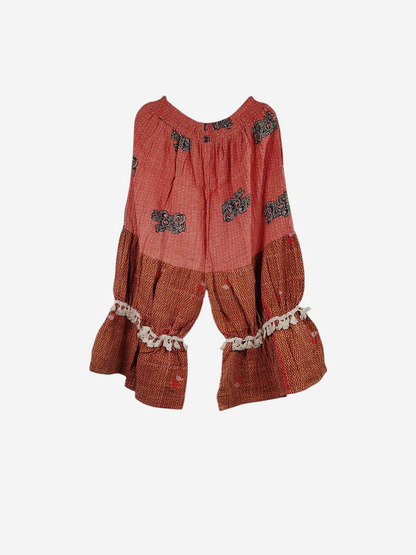 She Lives Beauty Heritage Whisper Kantha bloomers in coral and rust vintage cotton with traditional hand stitching.