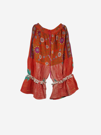 She Lives Beauty Heritage Whisper Kantha bloomers in orange vintage cotton sari fabric with floral prints and ruffles