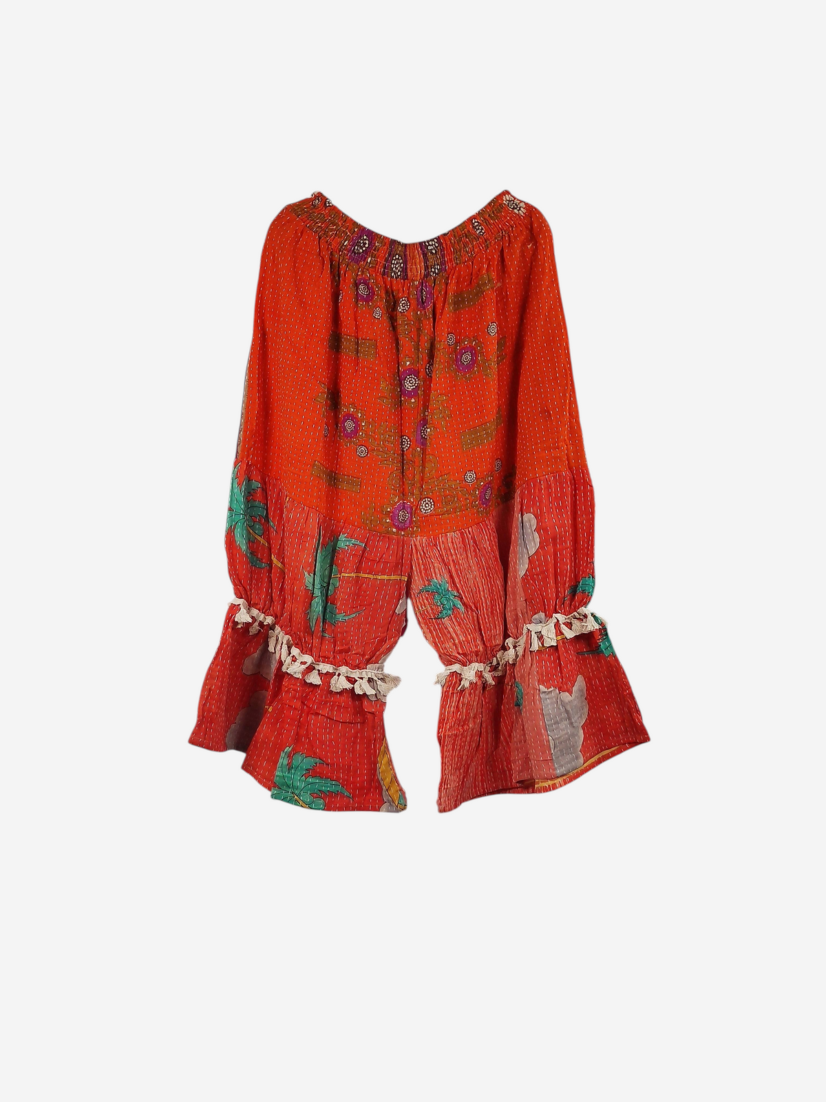 She Lives Beauty Heritage Whisper Kantha bloomers in orange vintage cotton sari fabric with boho tassel trim